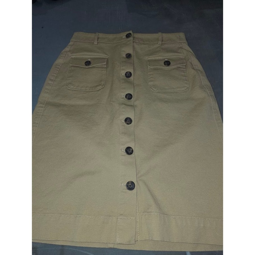 Boden Tan Khaki Button Front Utility Skirt Size 8R Pocketed Twill Cotton A-Line